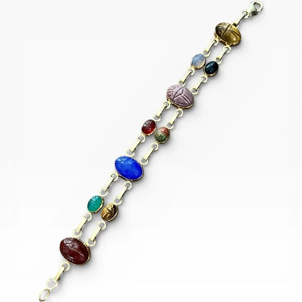 Vintage Carla 14k Yellow Gold Two Strands Multi Gemstone 10 Scarab Bracelet 7